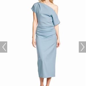 Gibson Latimer blue crepe asymmetric neck midi dress size L